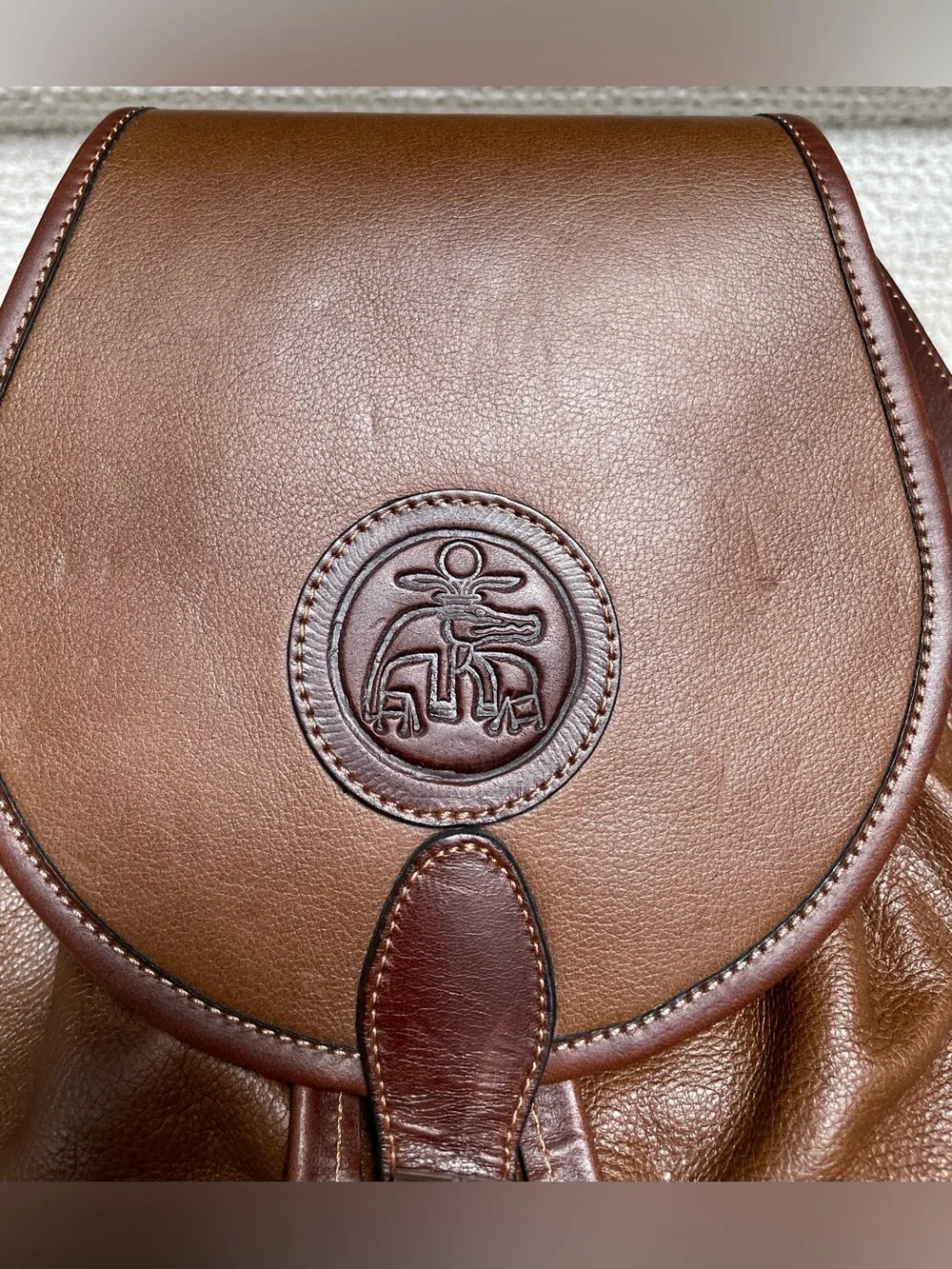 Vintage Artisan Brown Leather Backpack Embossed Crocodile/Alligator Emblem